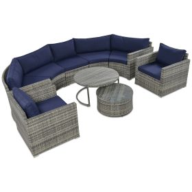 GO 9-Pieces Outdoor Half-moon Patio Sofa Set, Round Sofa Set, Modern Style Sofa, Gray Wicker, Blue Cushion