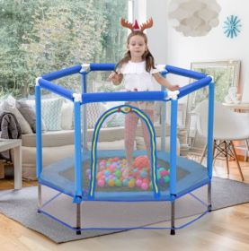 55'' Toddlers Trampoline With Safety Enclosure Net And Balls, Indoor Outdoor Mini Trampoline For Kids (Color: Blue)