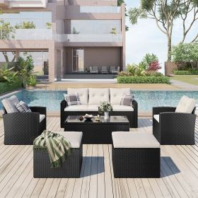 6-piece All-Weather Wicker PE rattan Patio Outdoor Dining Conversation Sectional Set with coffee table, wicker sofas, ottomans (Color: Beige)